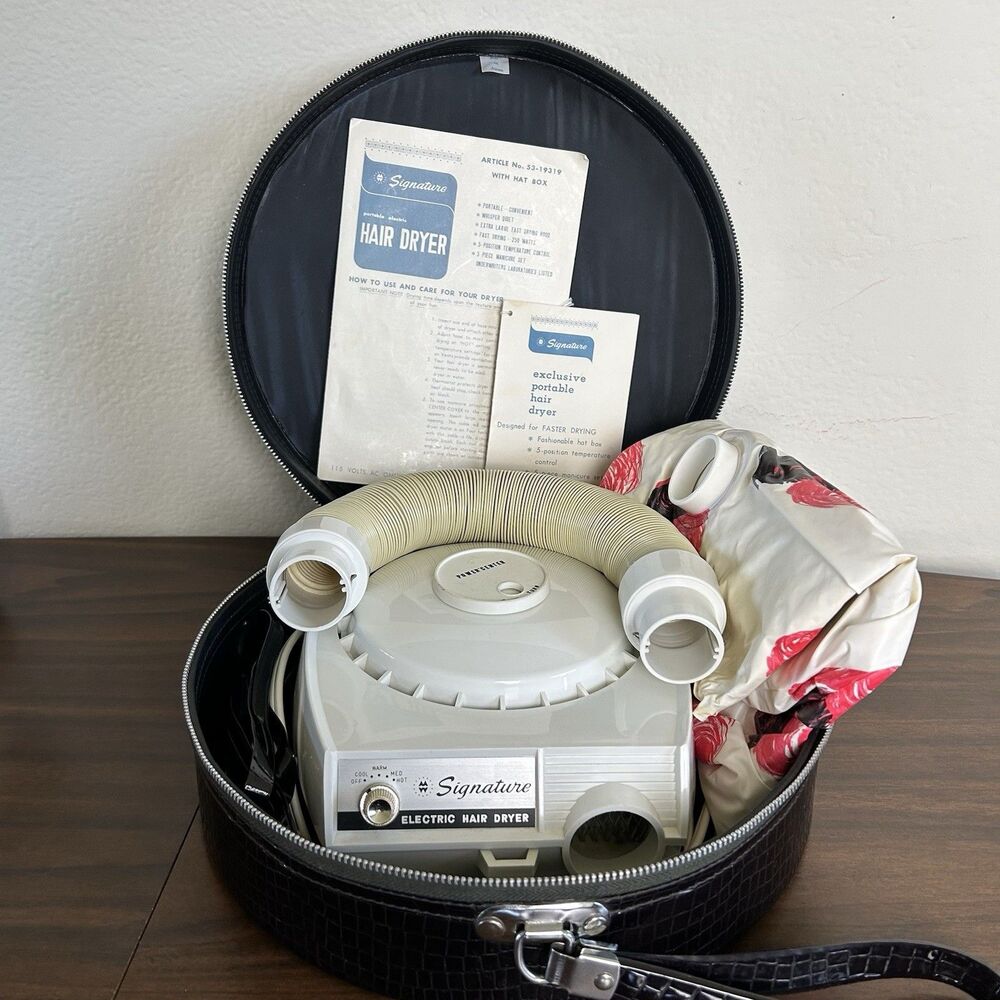 Vintage Signature Portable Electric Hair Dryer With Hat Box - Tested/Works Japan